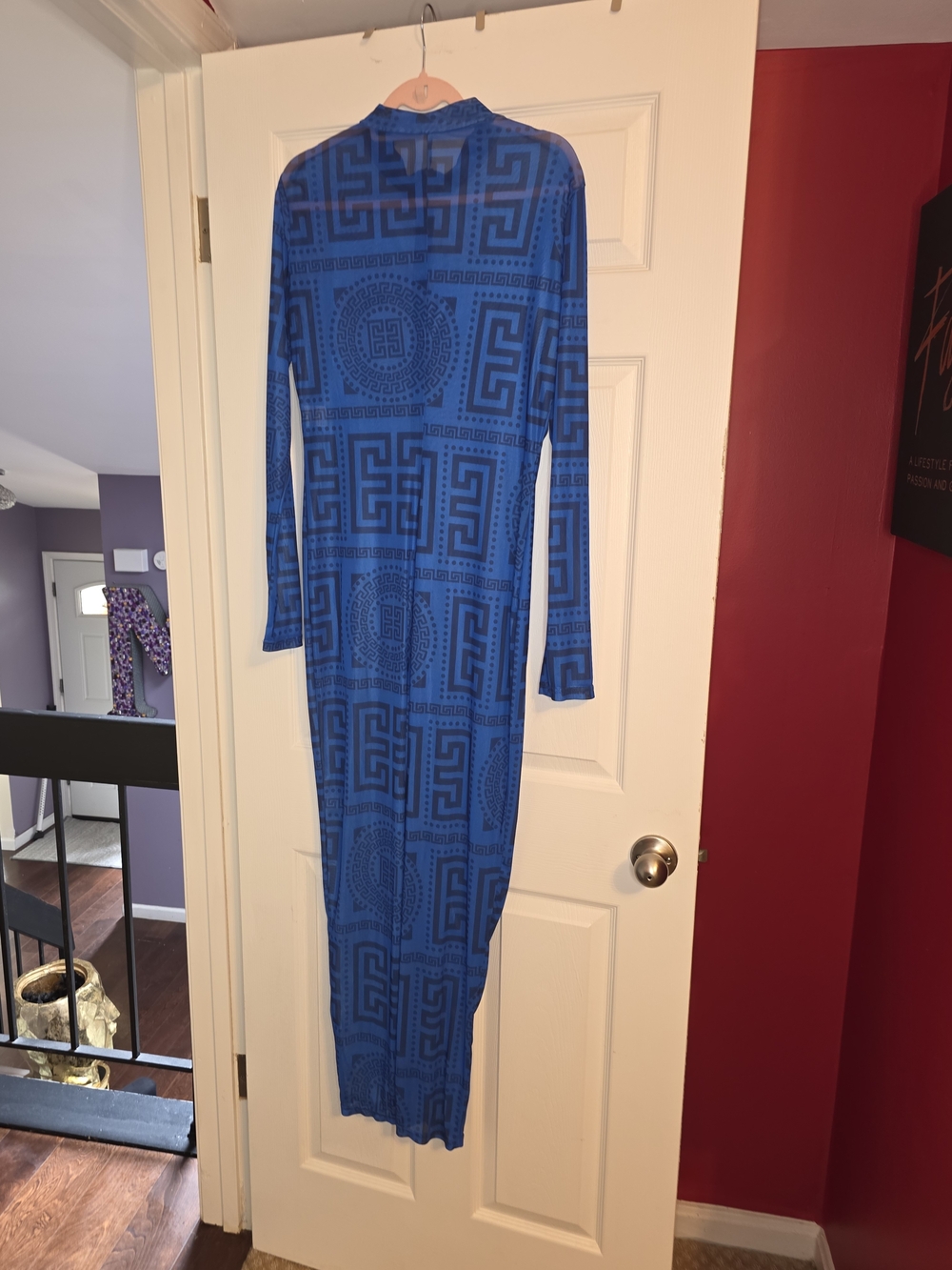 Blue Geometric Long Sleeve Maxi Dress